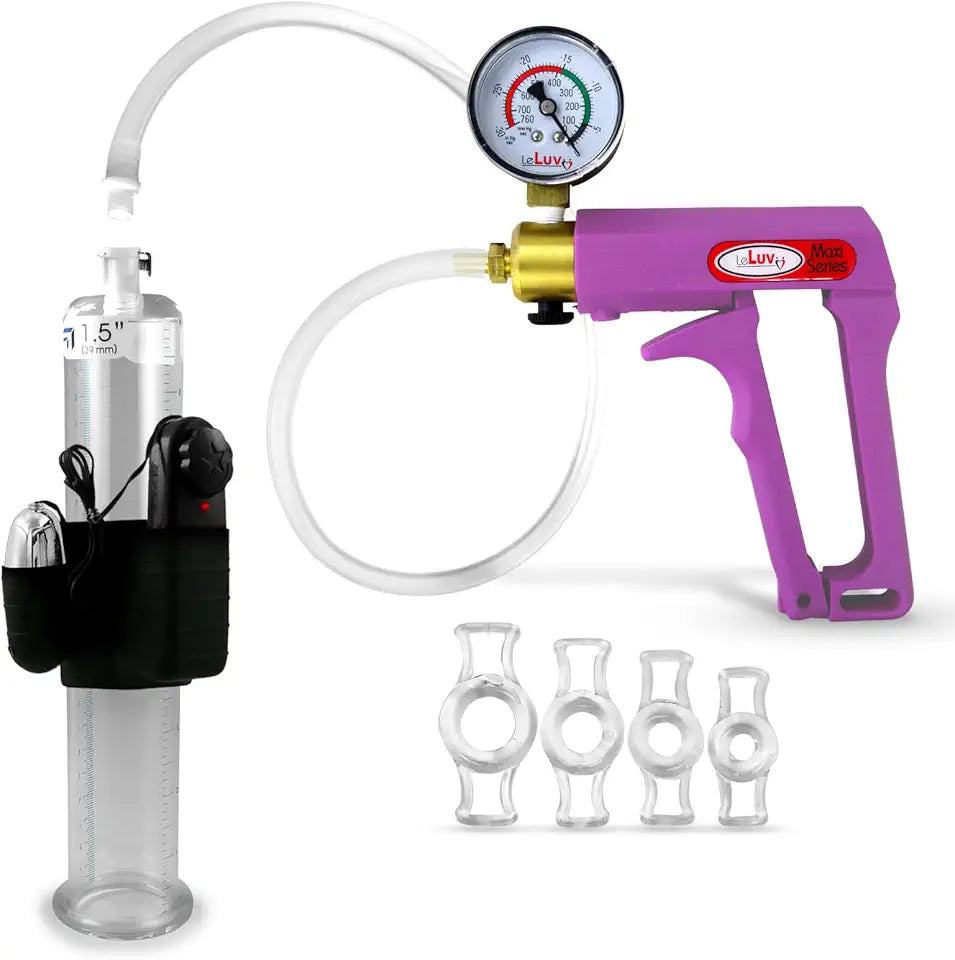 Vibrating Penis Pump with Vacuum Gauge and 4 Constriction Rings K1519