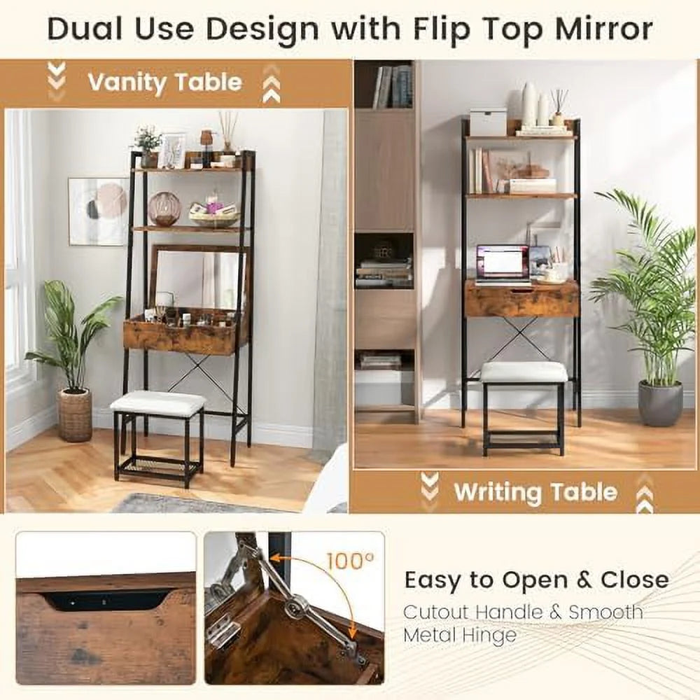 Vanity Table Set with Flip Top Mirror and Cushioned Stool N306156