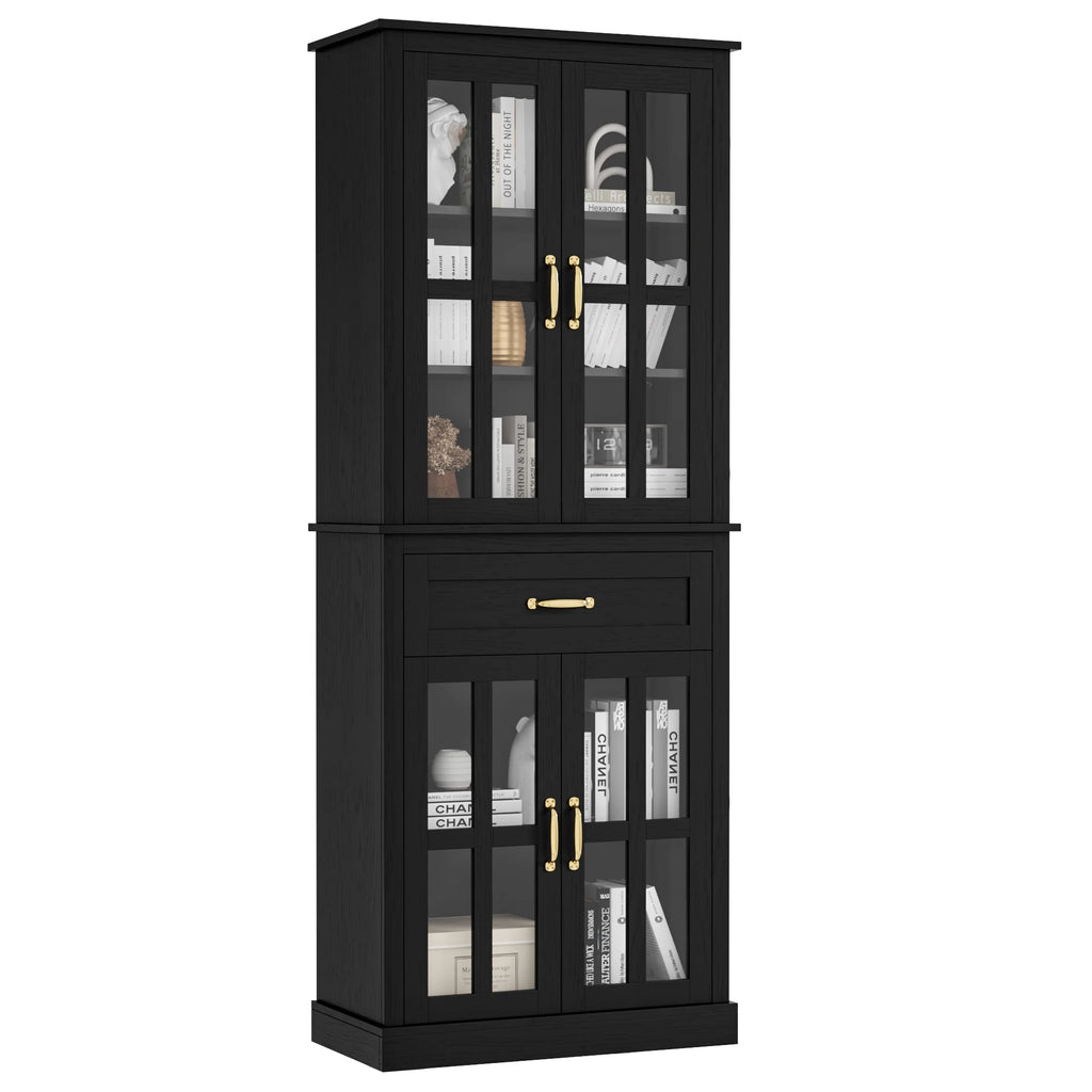 Black 71'' Wood Linen Cabinet with 4 Glass Doors Y5278