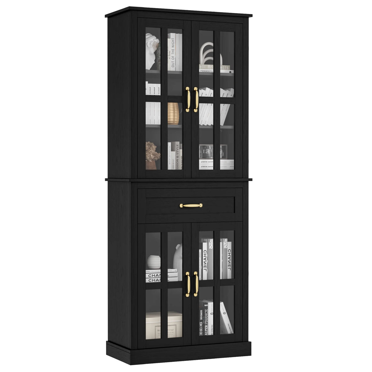 Black 71'' Wood Linen Cabinet with 4 Glass Doors Y5278