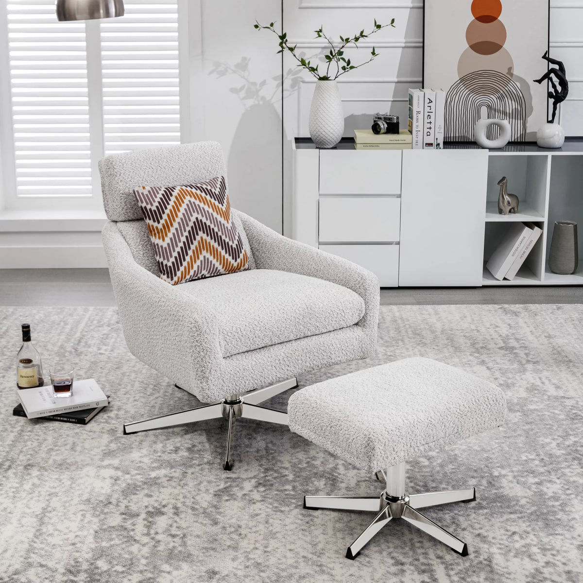 Beige Linen Swivel Armchair with Ottoman F8877