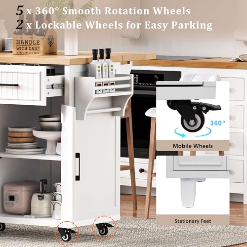 56.5" Rolling Kitchen Island with Drop Leaf, Power Outlet, 4 Doors, 5 Drawers, Black I233