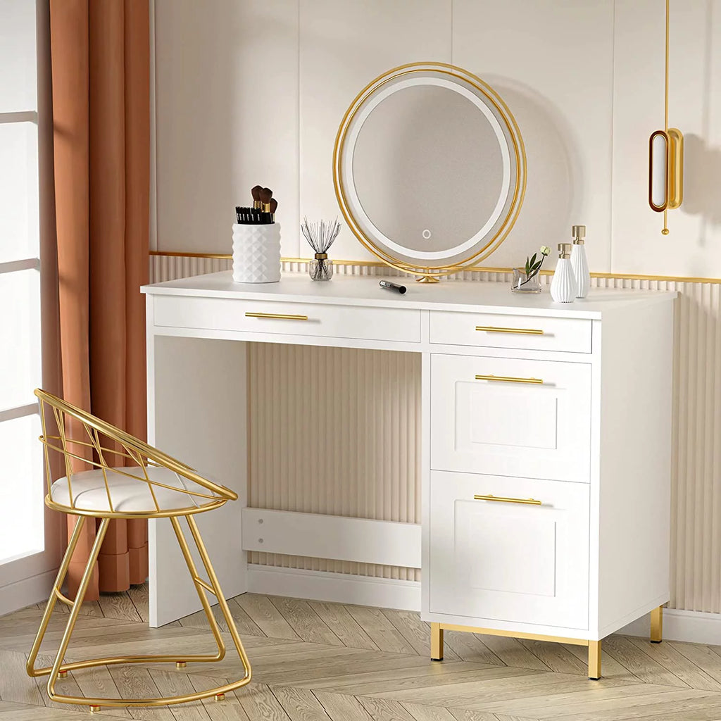 White and Gold Computer Desk with 4 Drawers K977
