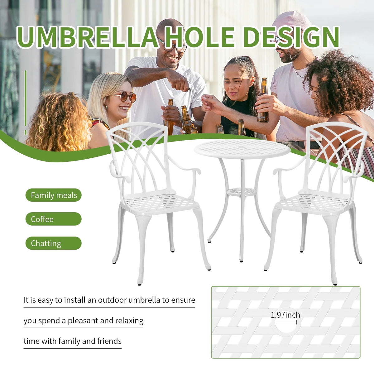 3 Piece Cast Aluminum Patio Bistro Table and Chairs Set of 2 White I8488