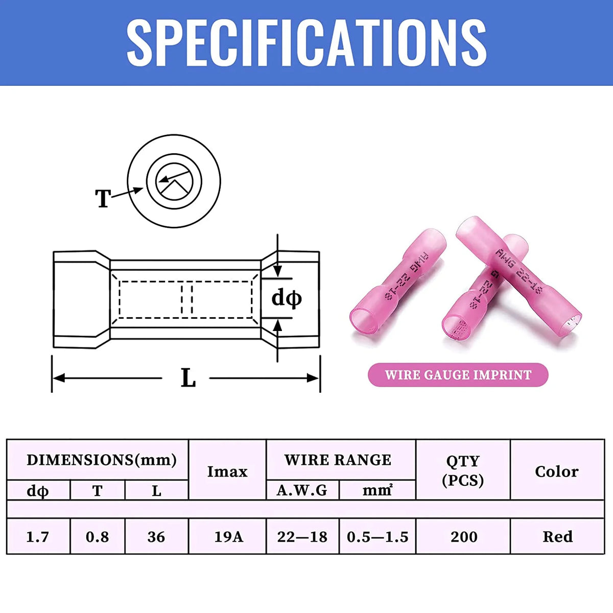 200 PCS Waterproof Insulated Electrical Crimp Butt Connectors 22-18 AWG T2552