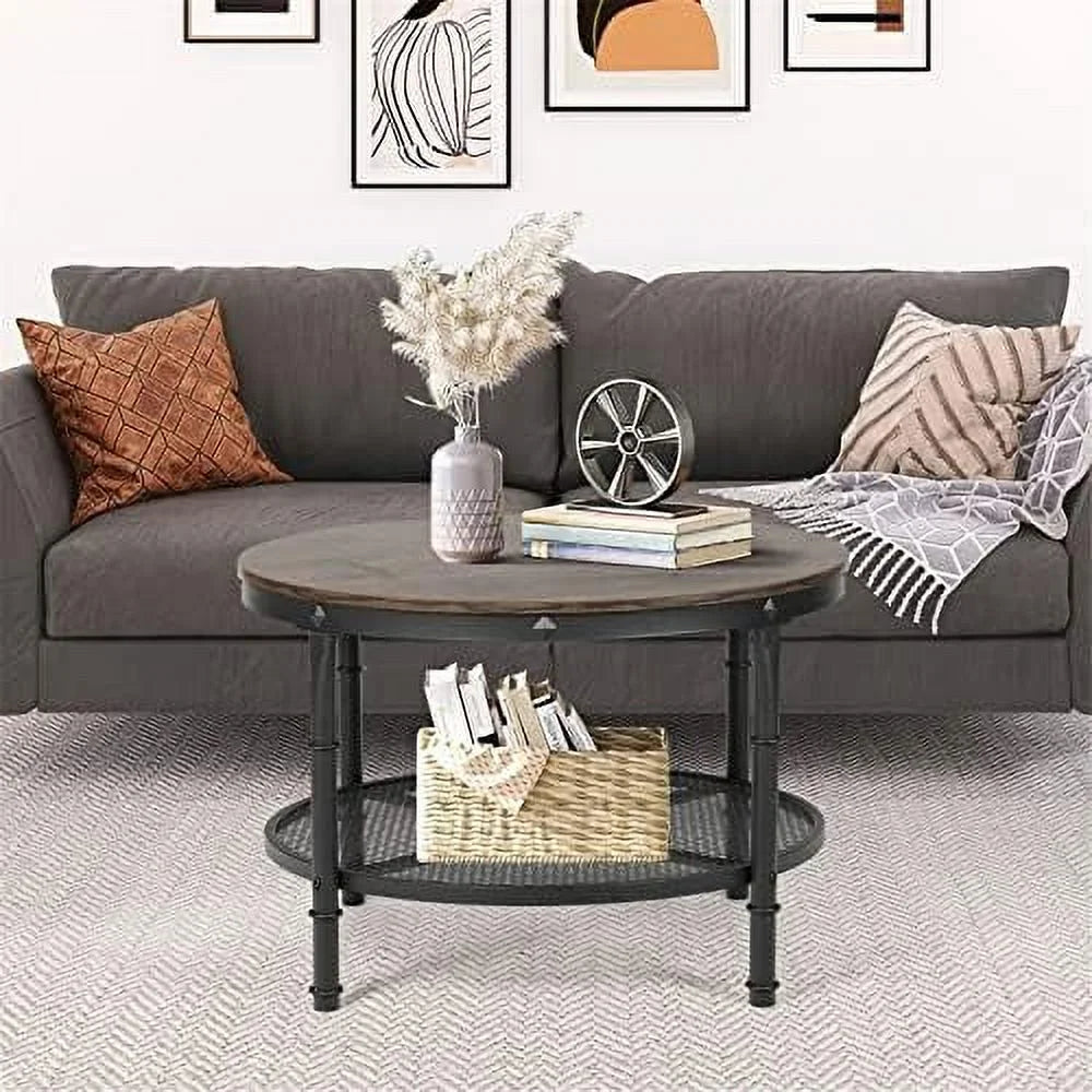 Small Round Coffee Table with Rustic Wood and Metal Legs C2876