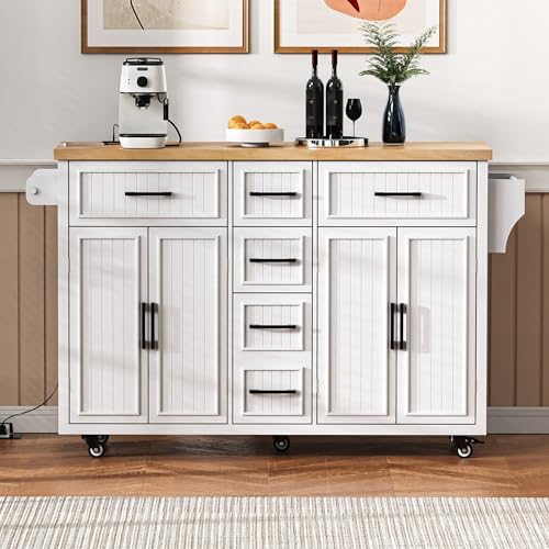 56.5" Rolling Kitchen Island with Drop Leaf, Power Outlet, 4 Doors, 5 Drawers, Black I233