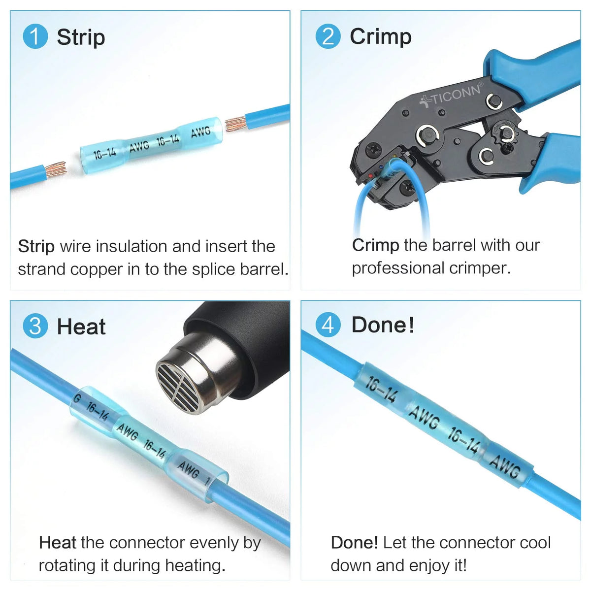 Blue 200PCS Insulated Waterproof Heat Shrink Butt Wire Connector Kit E1865