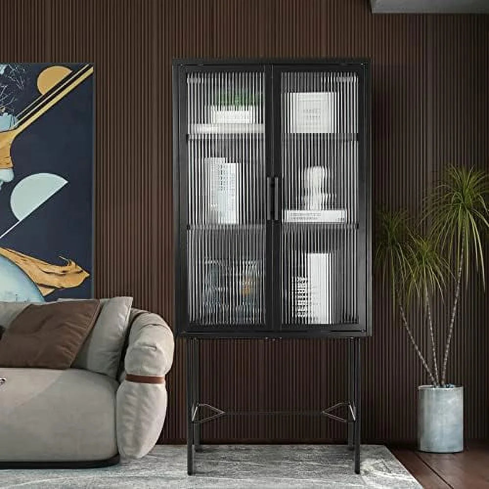 Tall Fluted Glass Door Cabinet with 2-Tier Adjustable Shelves Blue V7300