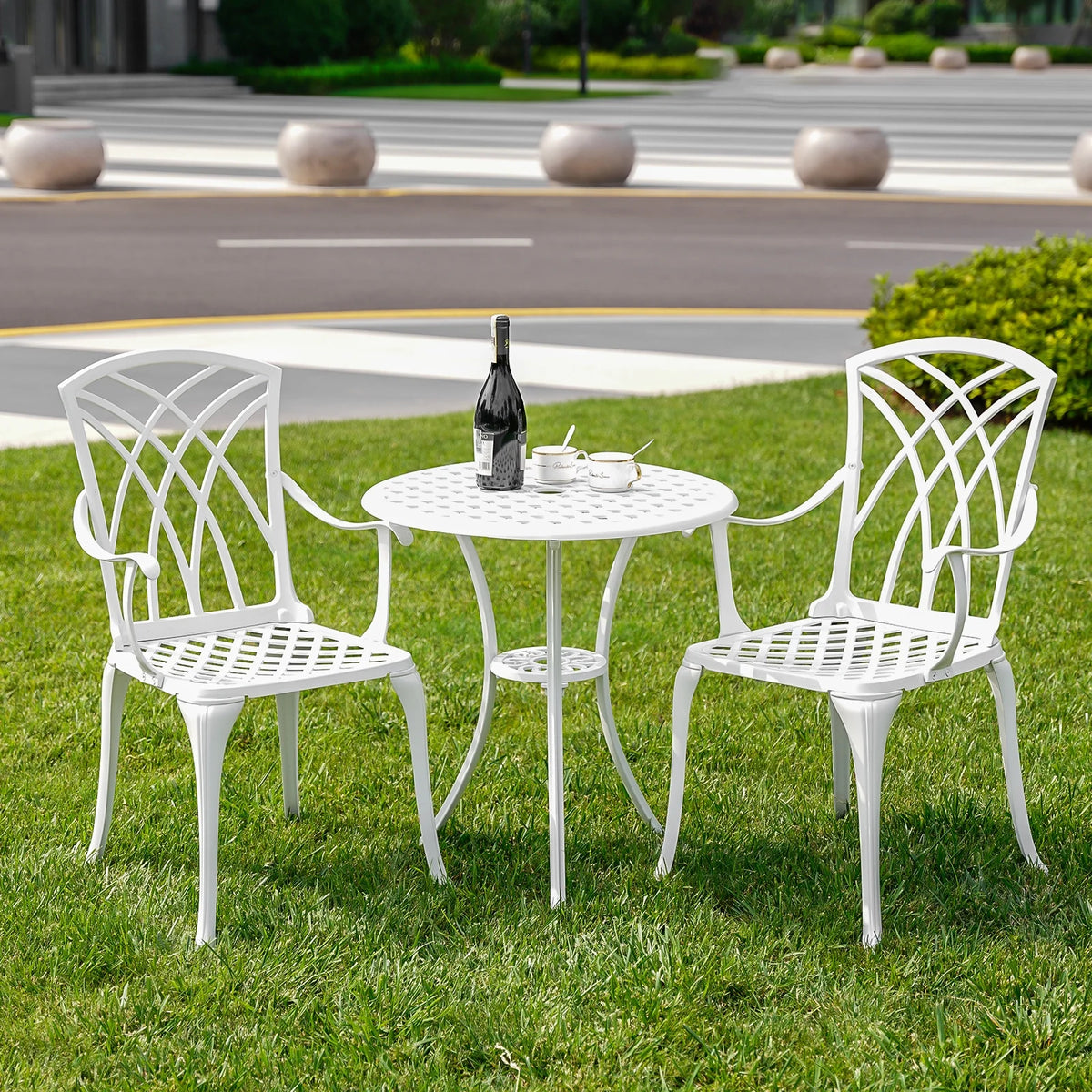 3 Piece Cast Aluminum Patio Bistro Table and Chairs Set of 2 White I8488