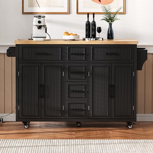 56.5" Rolling Kitchen Island with Drop Leaf, Power Outlet, 4 Doors, 5 Drawers, Black I233