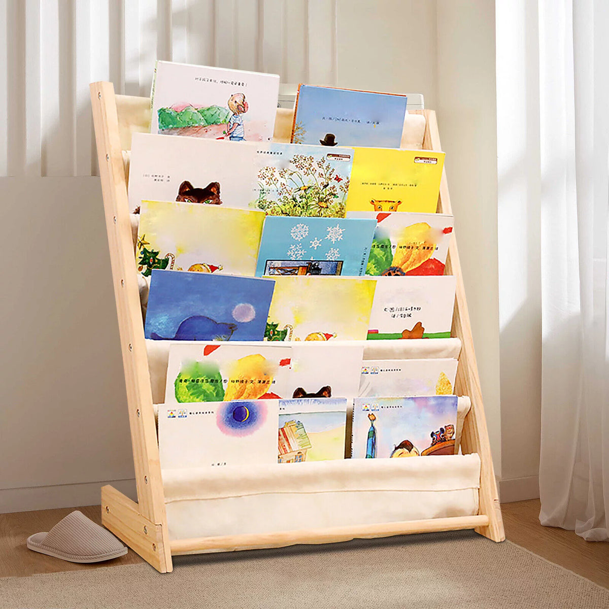 6 Tiers Wooden Kids Book Rack Storage Bookshelf with Canvas Shelves X7538