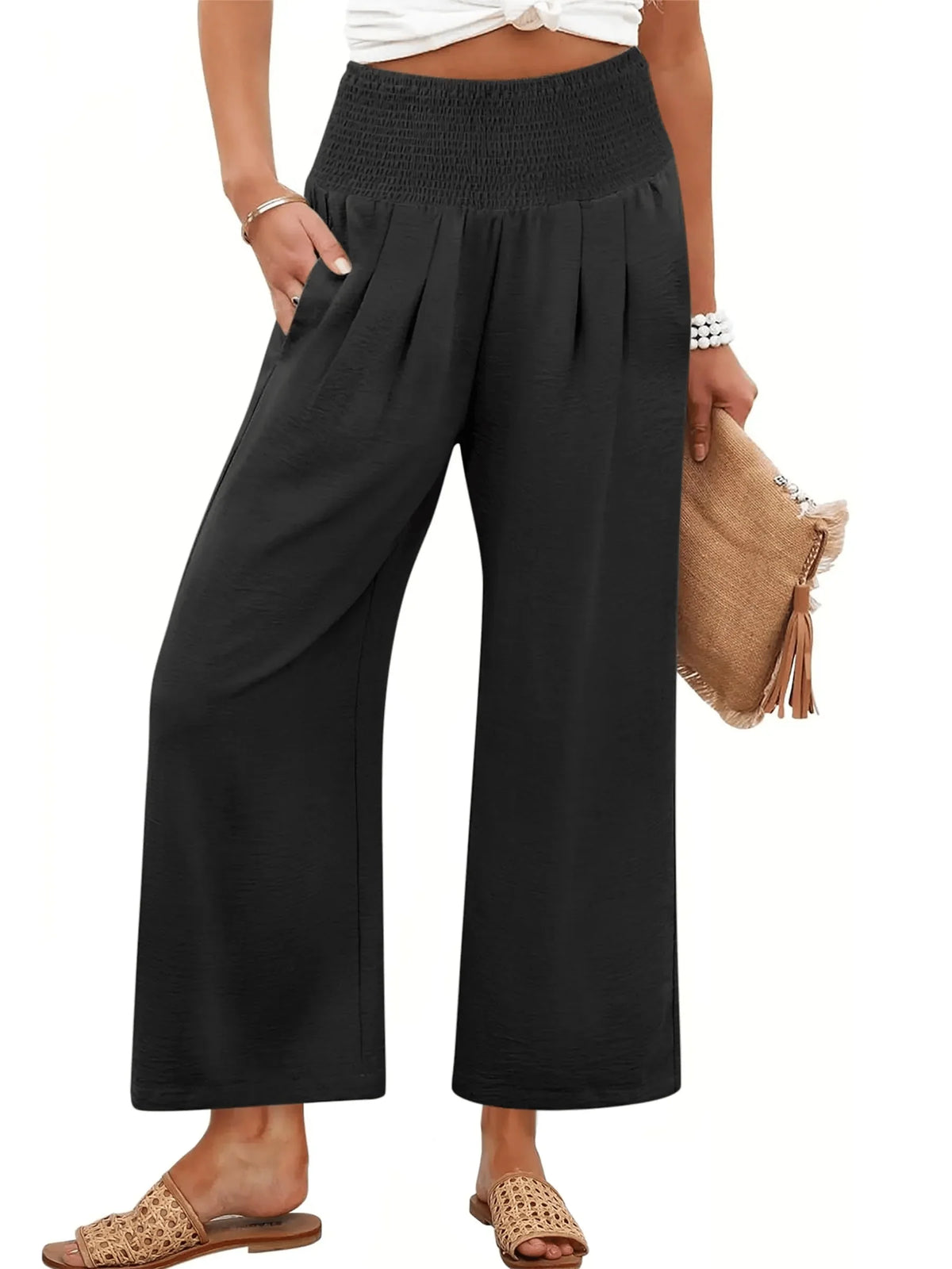 Smocked Waist Wide Leg Palazzo Pants V566
