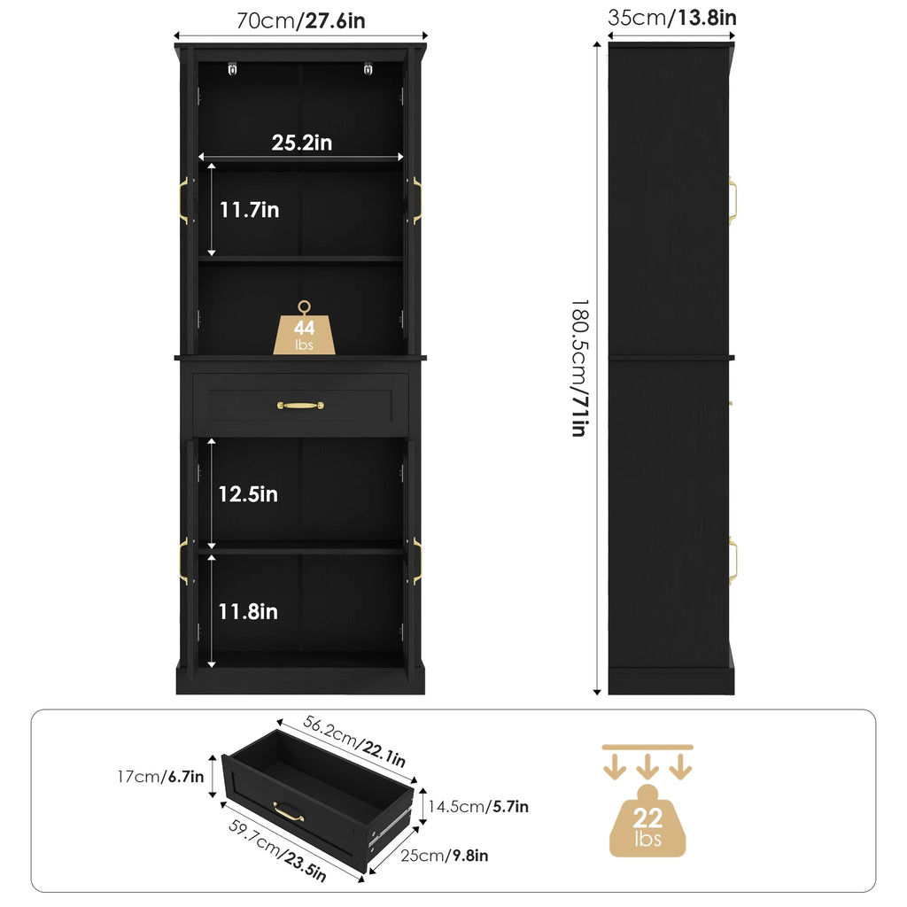 Black 71'' Wood Linen Cabinet with 4 Glass Doors Y5278