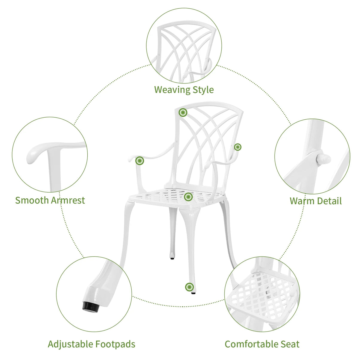 3 Piece Cast Aluminum Patio Bistro Table and Chairs Set of 2 White I8488