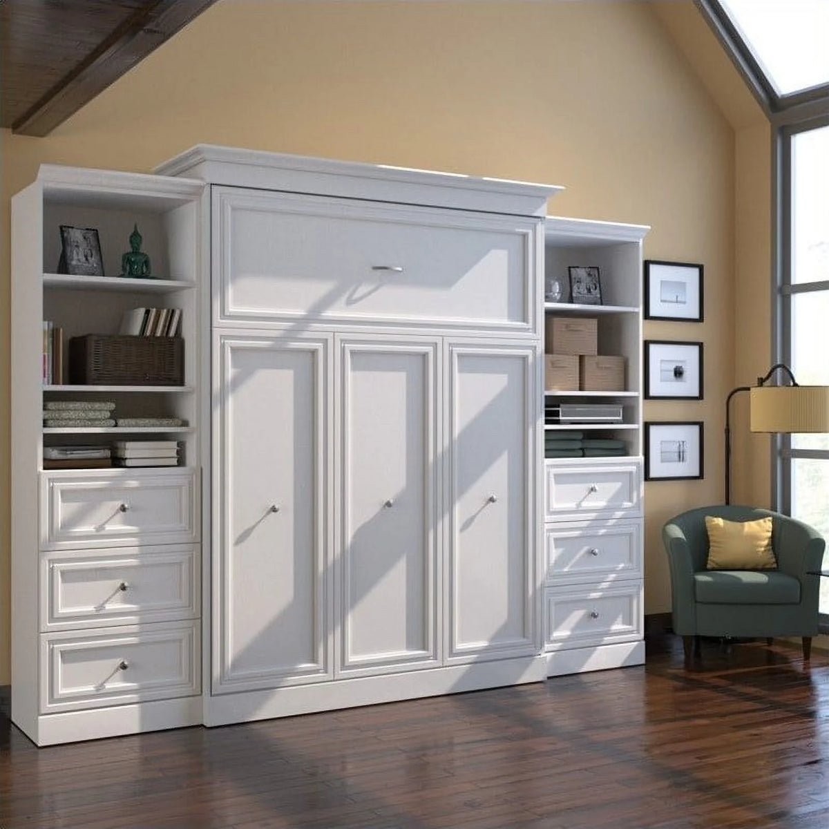 Queen Murphy Bed with 2 Organizers and Drawers in White U13082