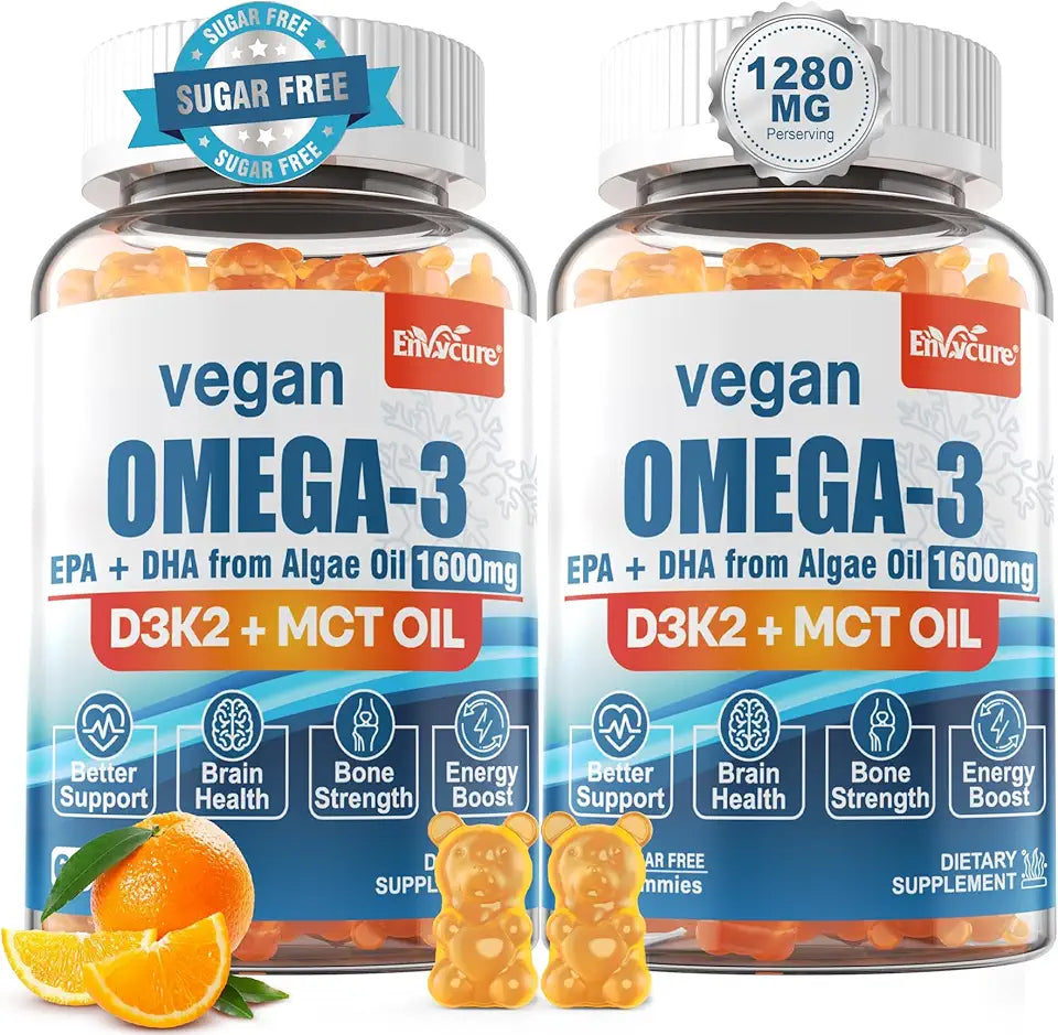 Vegan Omega 3 Gummies 1280mg + Vitamin D3 K2, Algae EPA & DHA, Sugar Free, 2 Pack Z251570