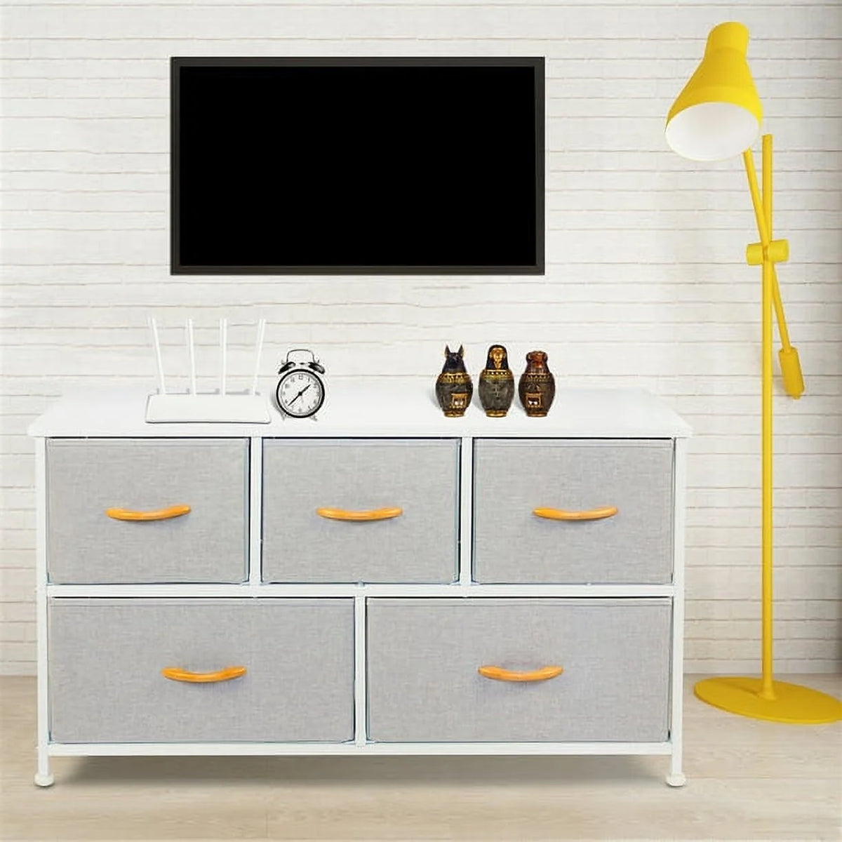 5 Drawer Fabric Dresser with Steel Frame and Wood Top R80133