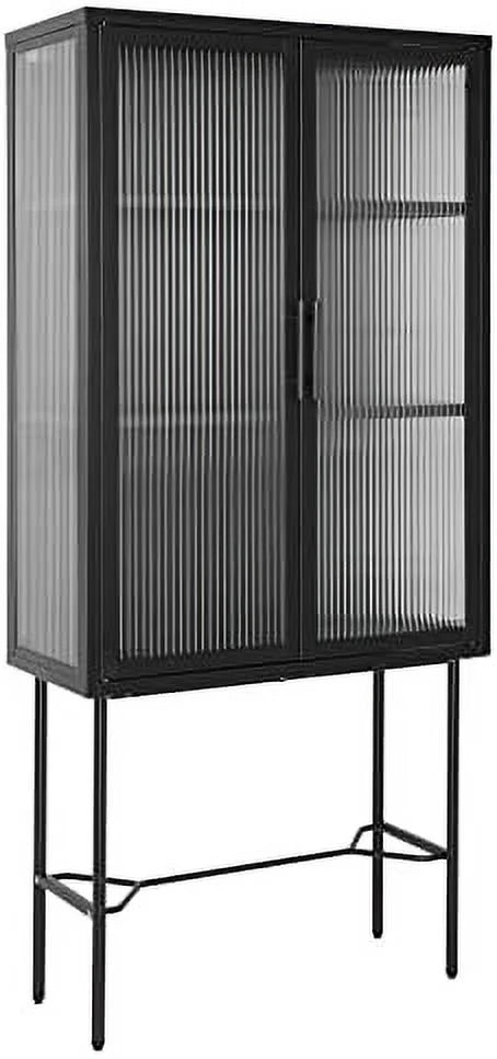 Tall Fluted Glass Door Cabinet with 2-Tier Adjustable Shelves Blue V7300