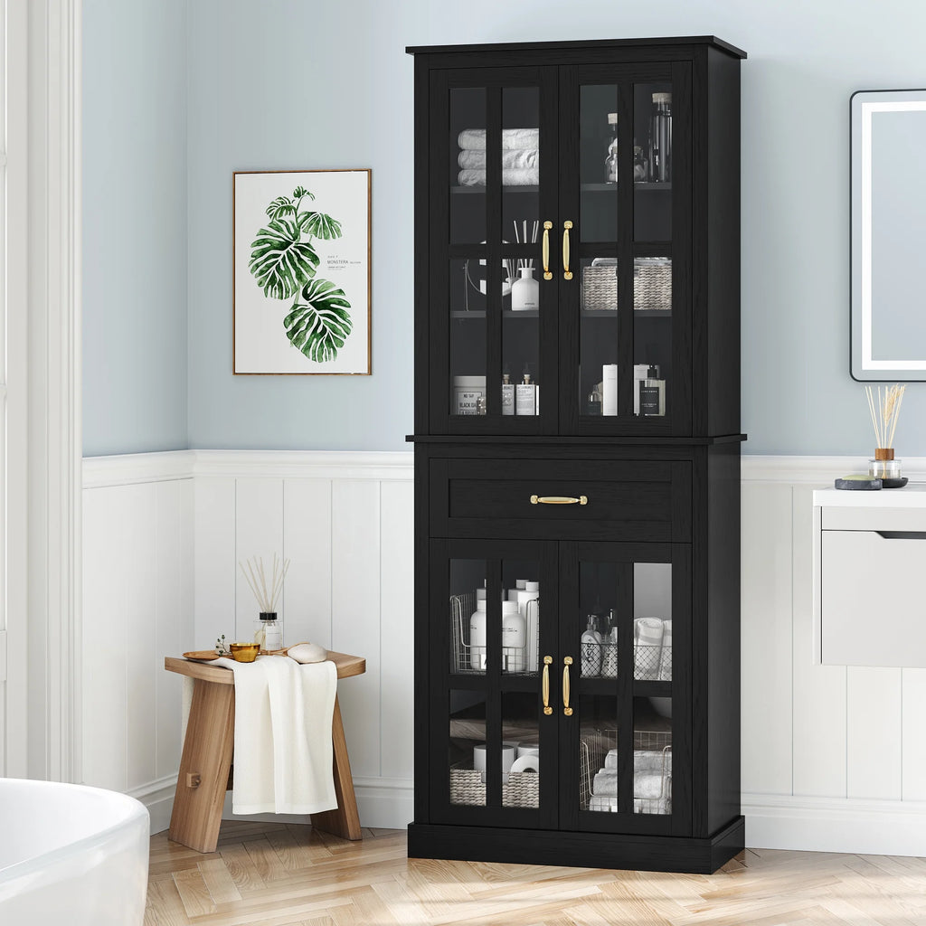 Black 71'' Wood Linen Cabinet with 4 Glass Doors Y5278