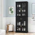 Black 71'' Wood Linen Cabinet with 4 Glass Doors Y5278