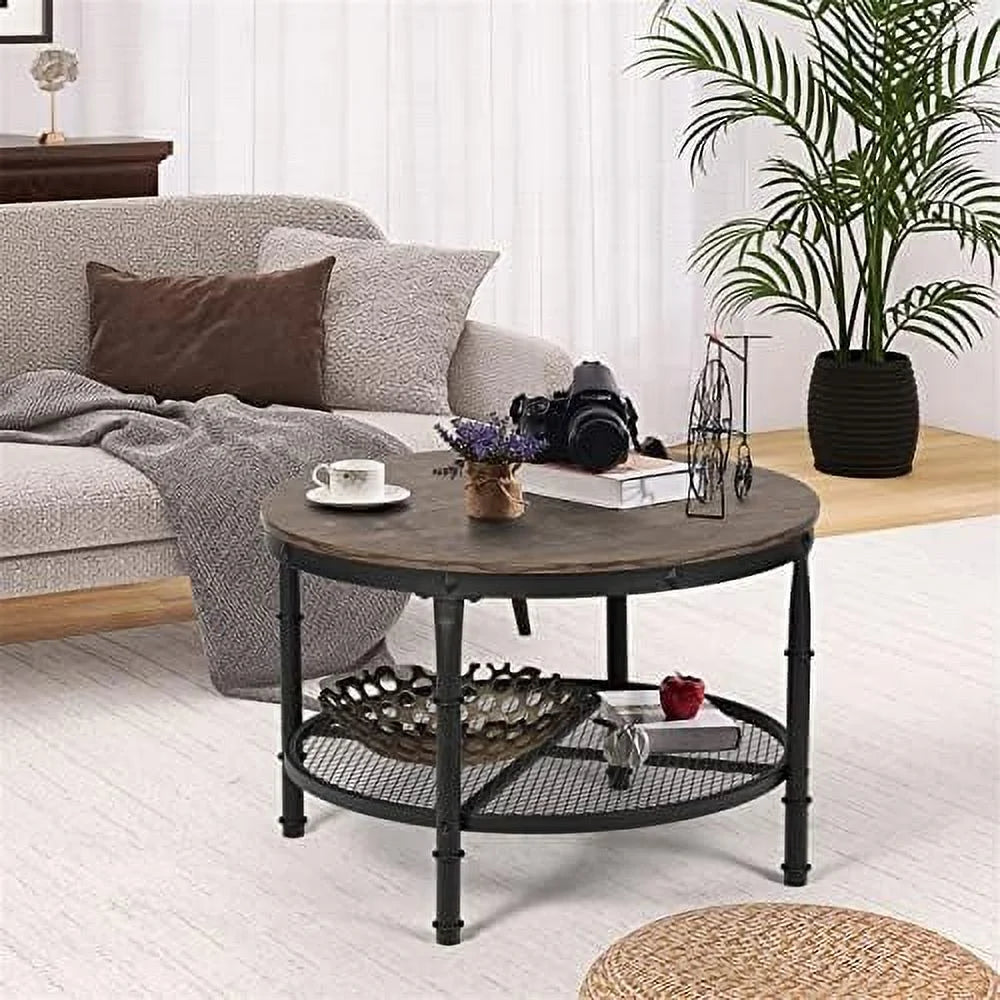 Small Round Coffee Table with Rustic Wood and Metal Legs C2876
