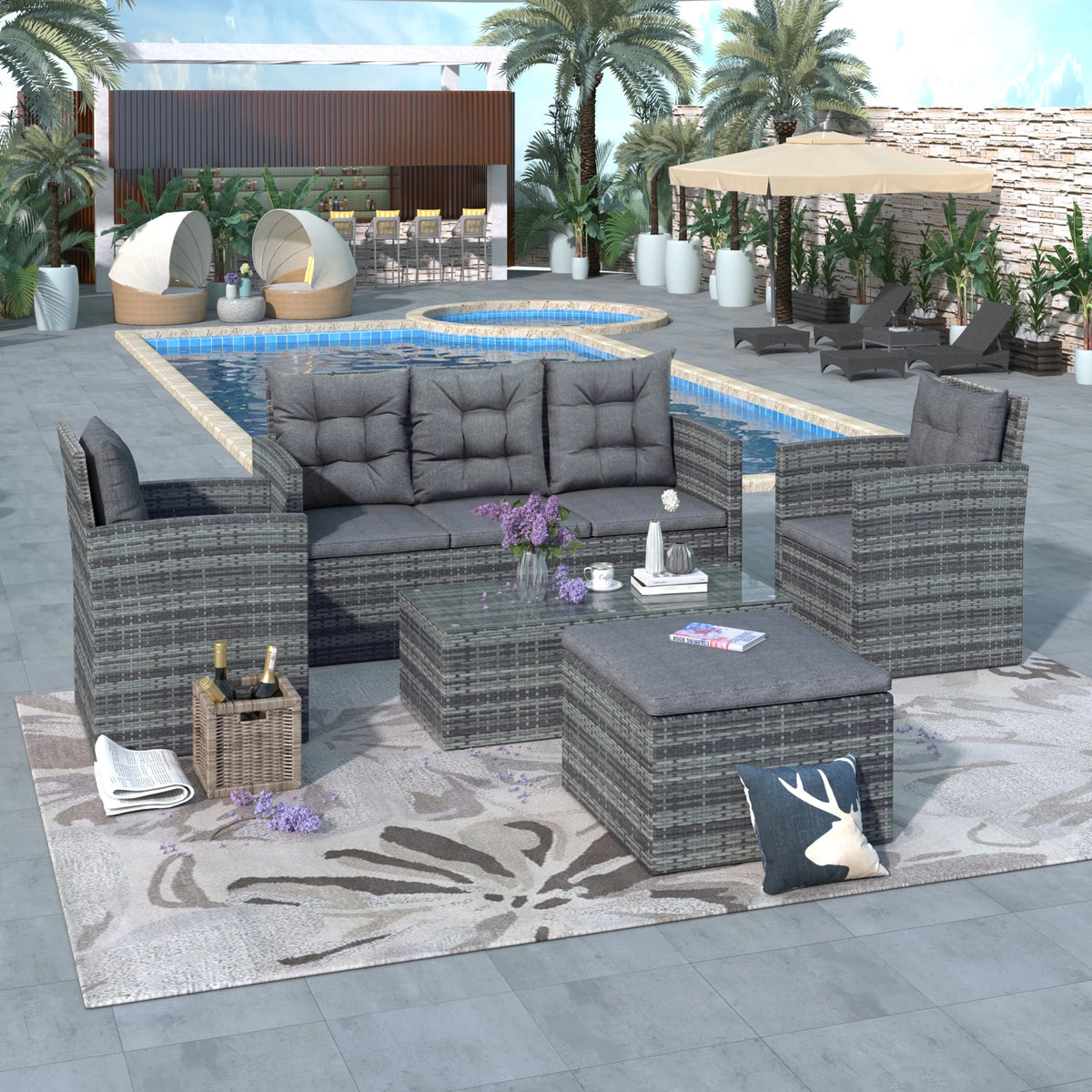 5-Piece Wicker PE Rattan Patio Sofa Set with Glass Coffee Table and Ottoman U22558
