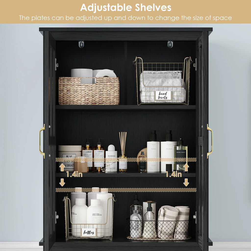 Black 71'' Wood Linen Cabinet with 4 Glass Doors Y5278