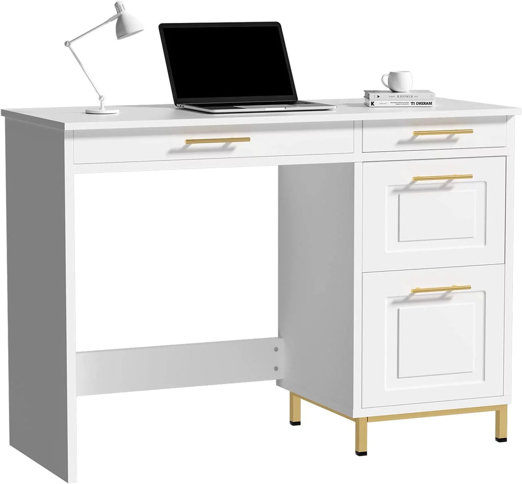 White and Gold Computer Desk with 4 Drawers K977