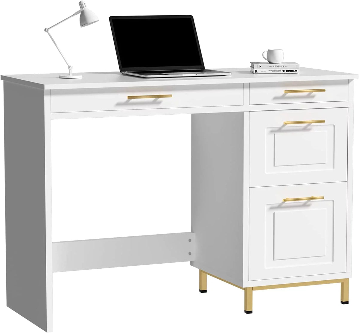 White and Gold Computer Desk with 4 Drawers K977
