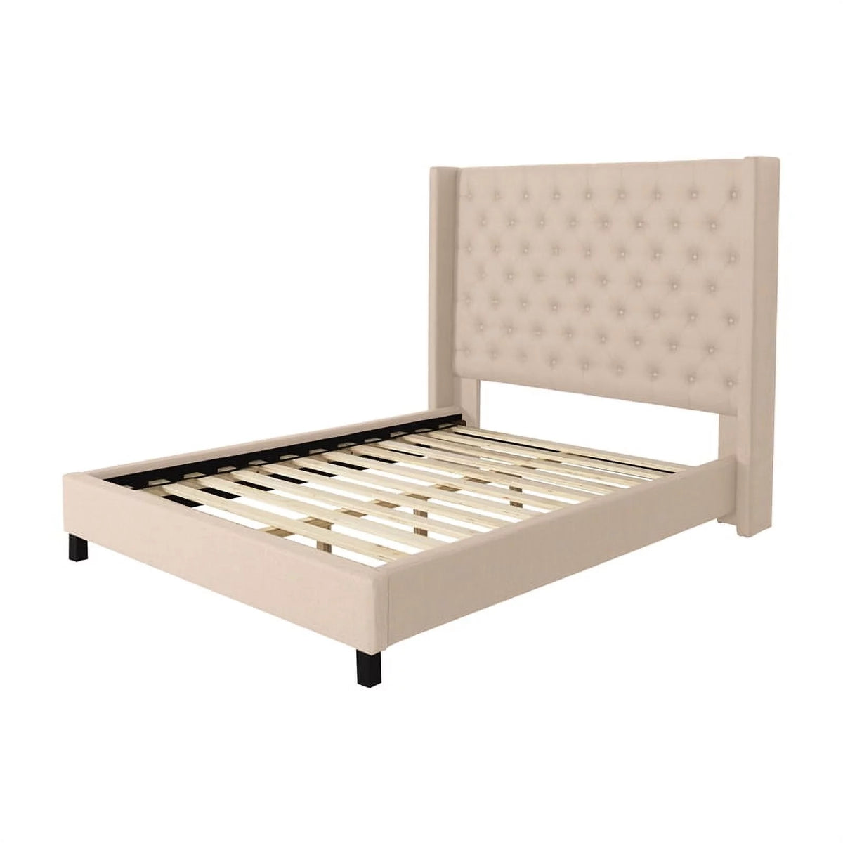 Cream Fabric Tufted Wingback Queen Bed with Slats K658