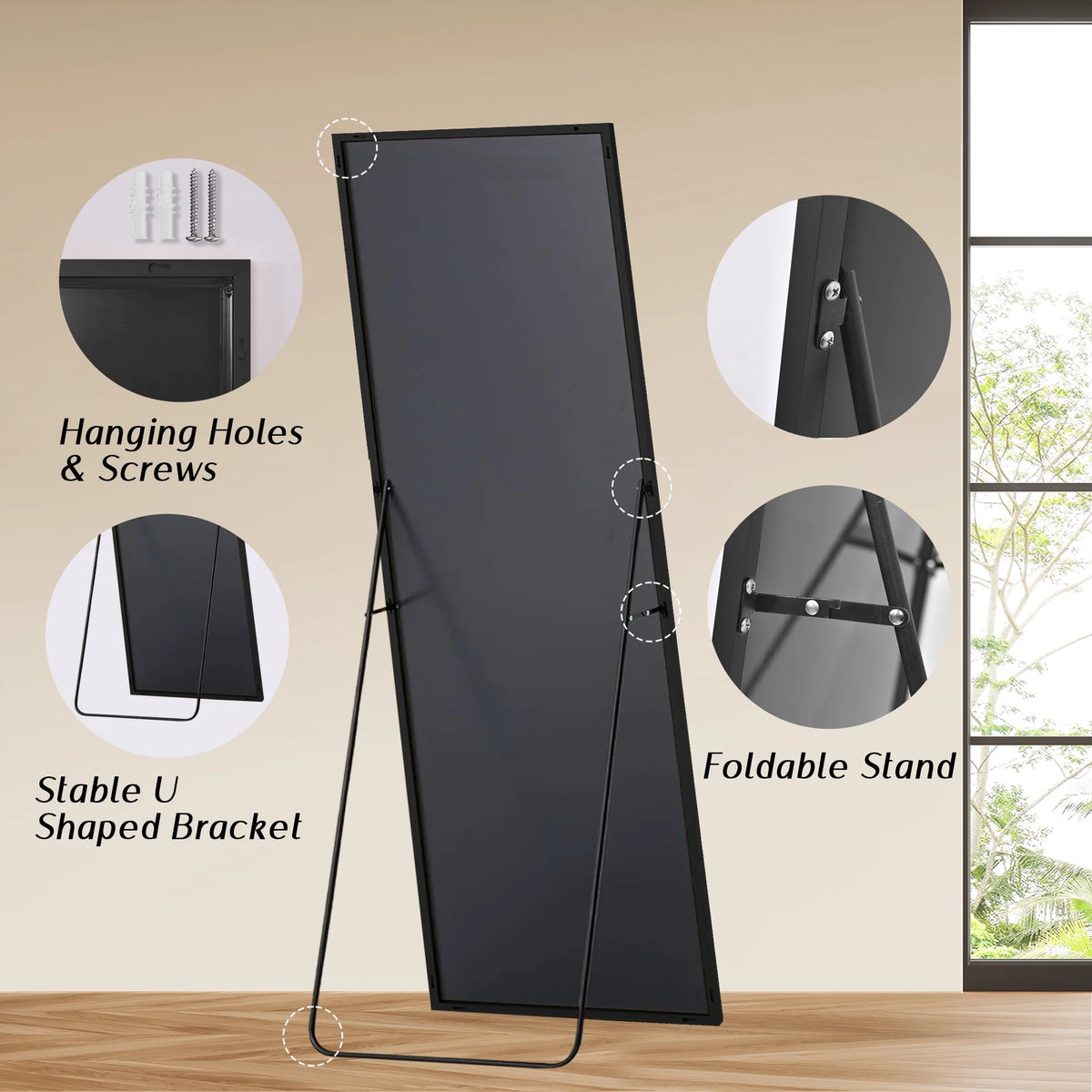 64"x21" Black Full Length Standing Mirror J175870
