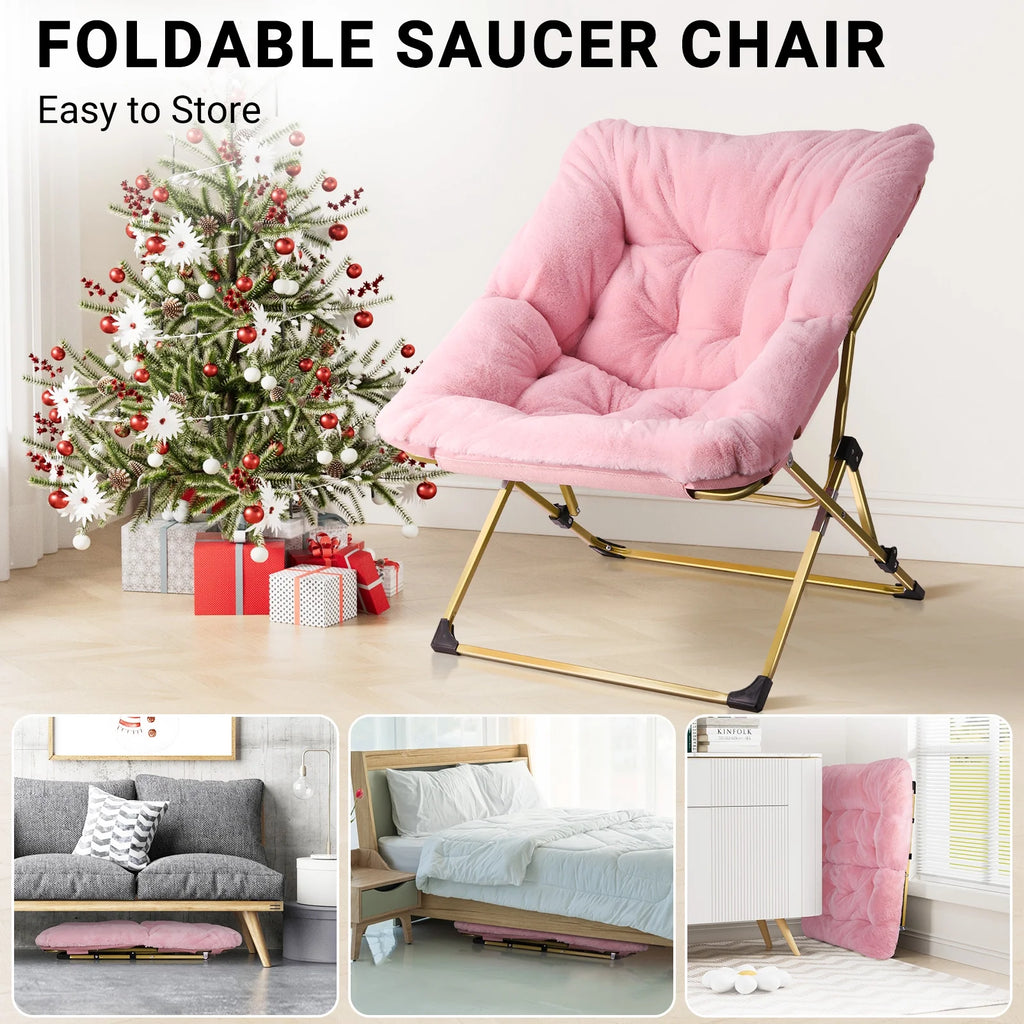 Pink Oversized Folding Faux Fur Saucer Chair U762147