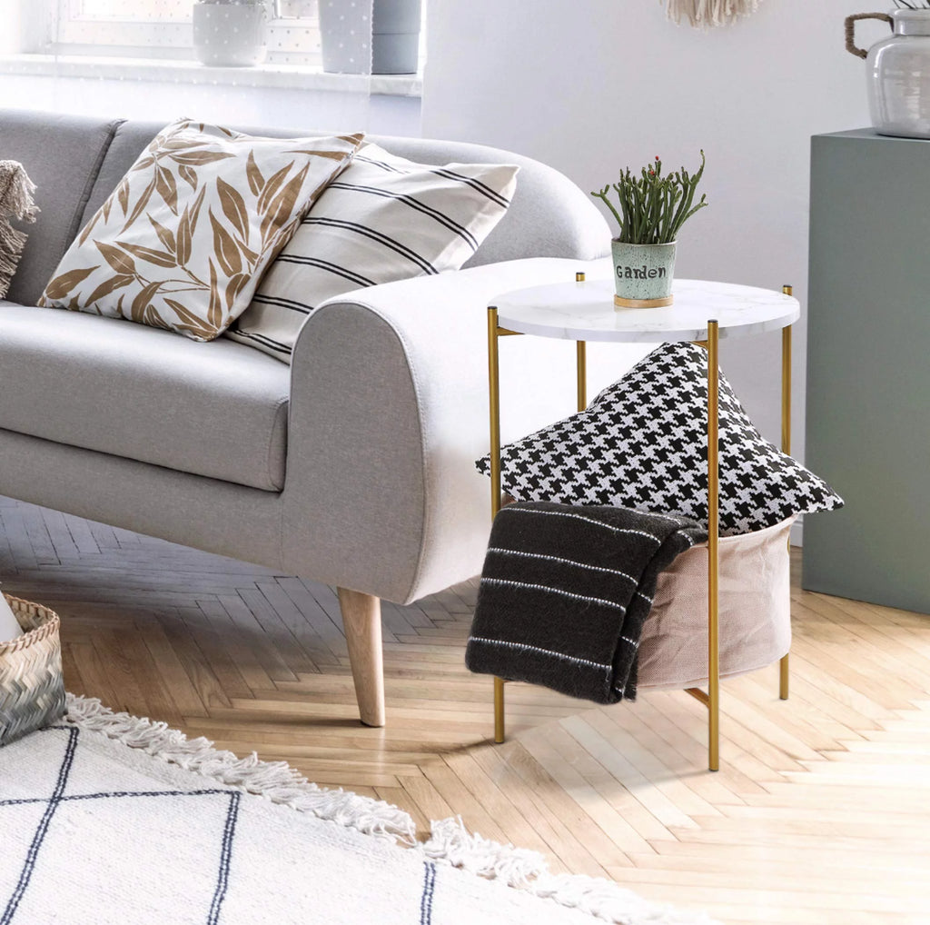 Round 2-Tier End Table with Fabric Storage Basket M757