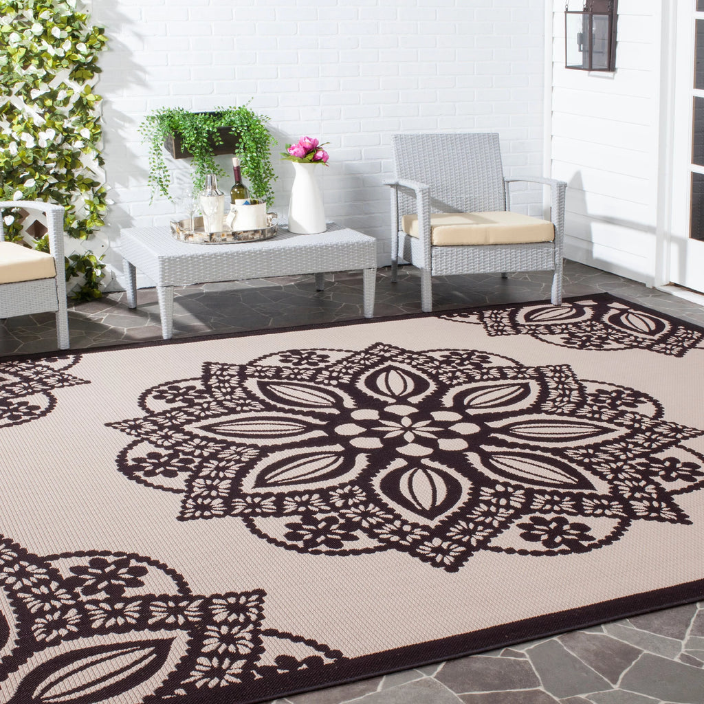 Beige Black Medallion Indoor Outdoor Area Rug D674