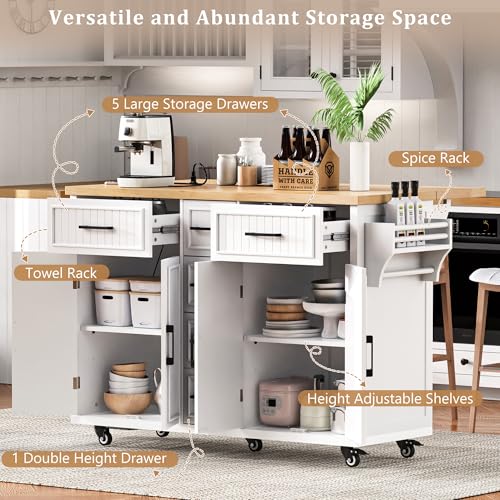 56.5" Rolling Kitchen Island with Drop Leaf, Power Outlet, 4 Doors, 5 Drawers, Black I233