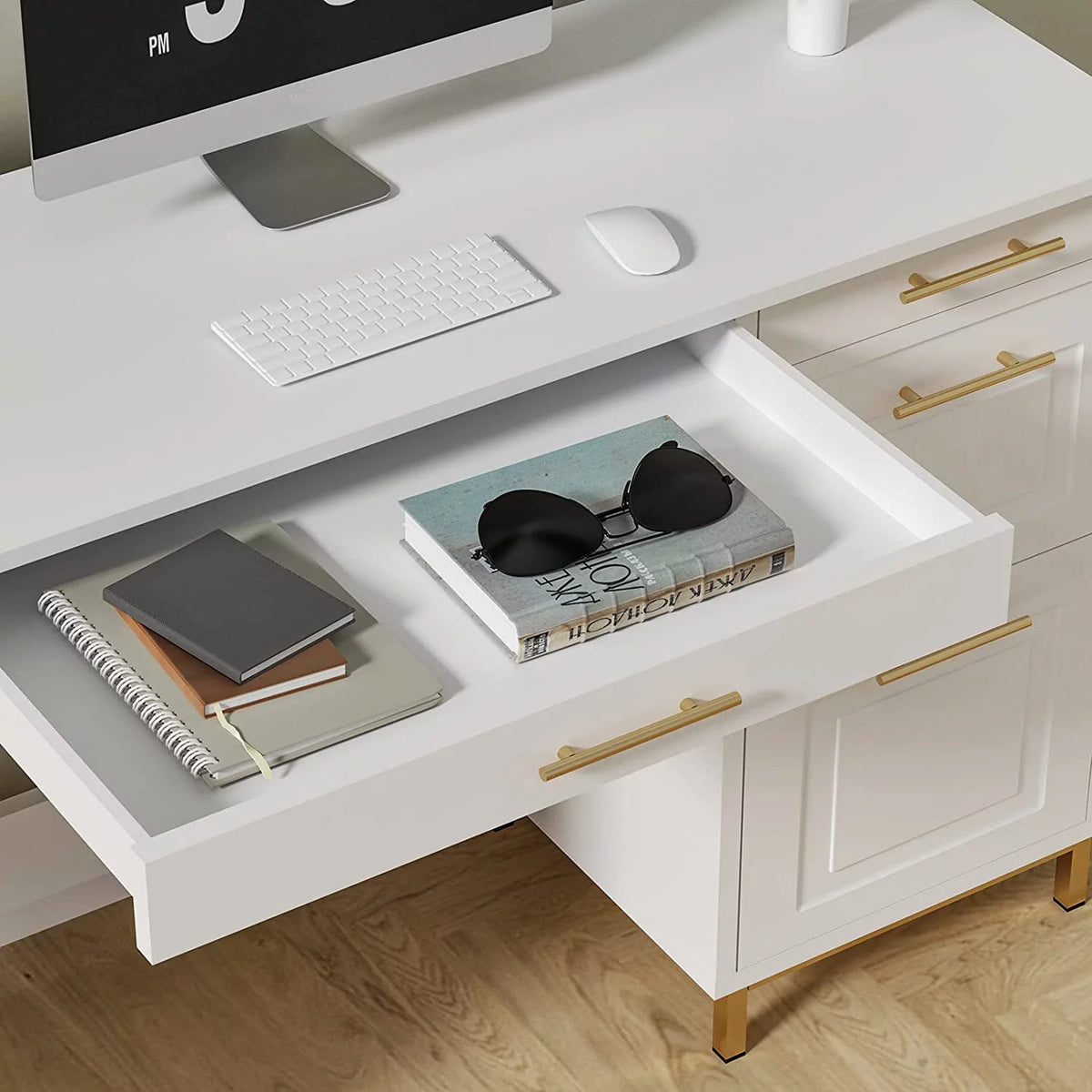 White and Gold Computer Desk with 4 Drawers K977