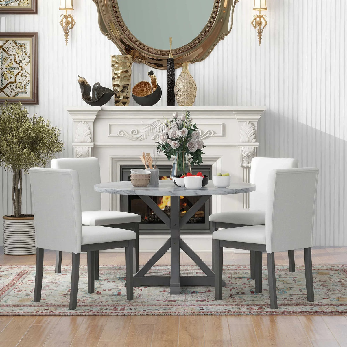 5 Piece Round Dining Table Set with Cushioned Chairs W29330