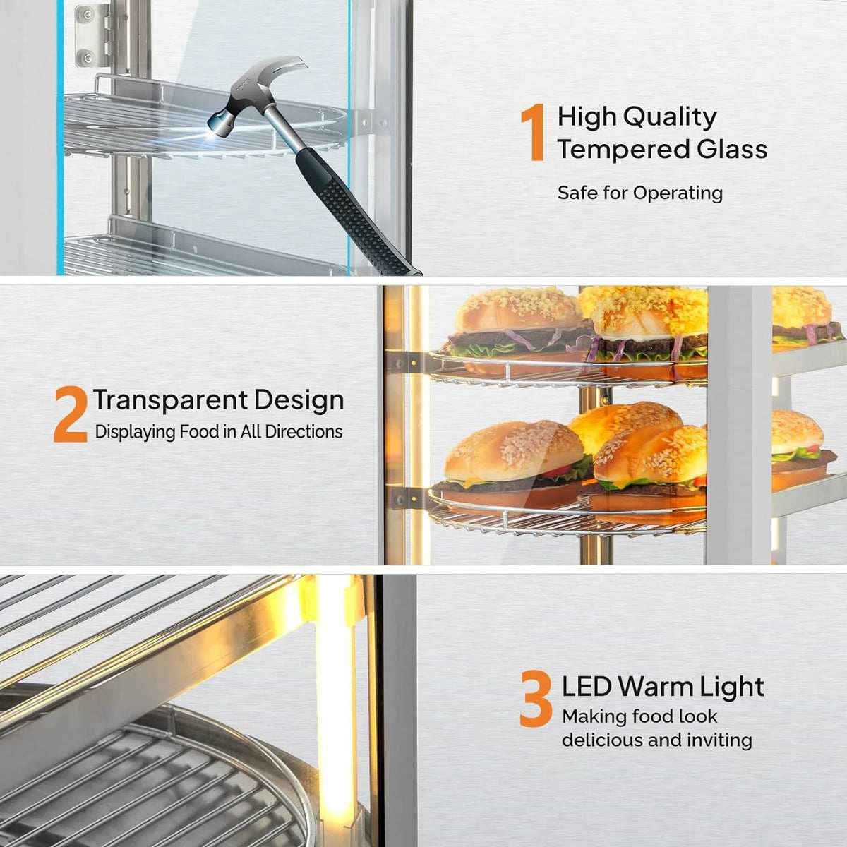 3-Tier Food Warmer Display Case with LED Lighting S907