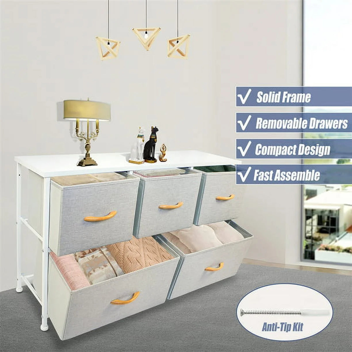 5 Drawer Fabric Dresser with Steel Frame and Wood Top R80133