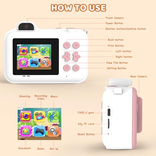 Instant Print Kids Camera 1080P HD Dual-Lens with 32G Card X8630