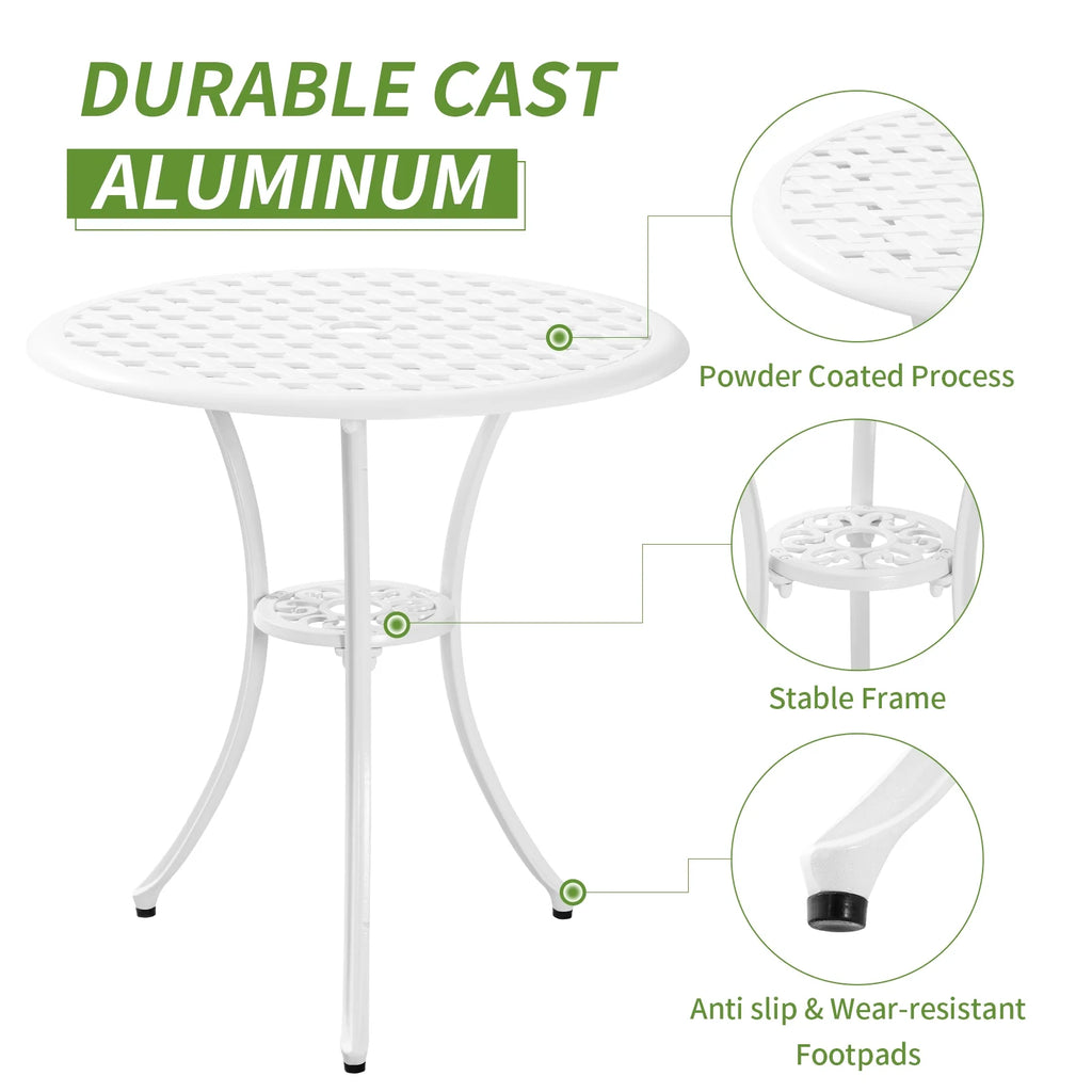 3 Piece Cast Aluminum Patio Bistro Table and Chairs Set of 2 White I8488