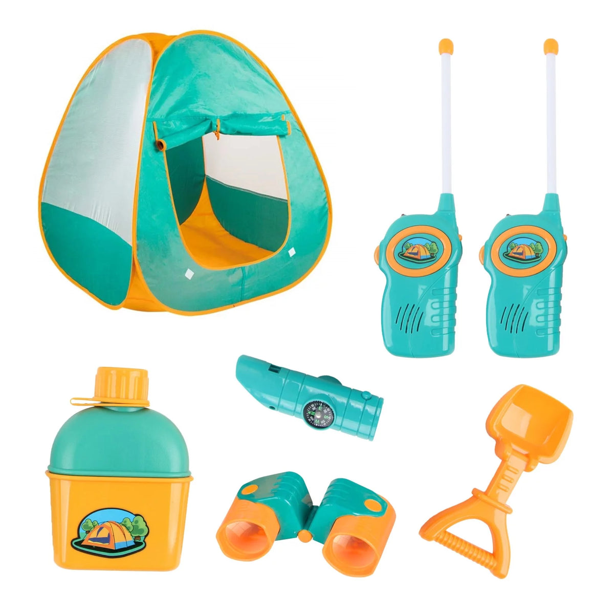 Kids Camping Tent Playset with 2 Walkie Talkies and Outdoor Toy Gear O178