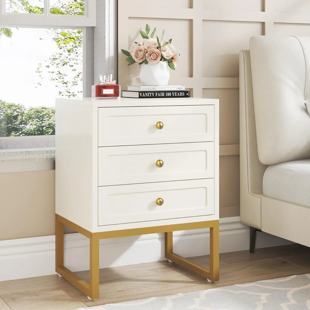 Modern 3 Drawer Wood Nightstand with Gold Metal Legs Y826