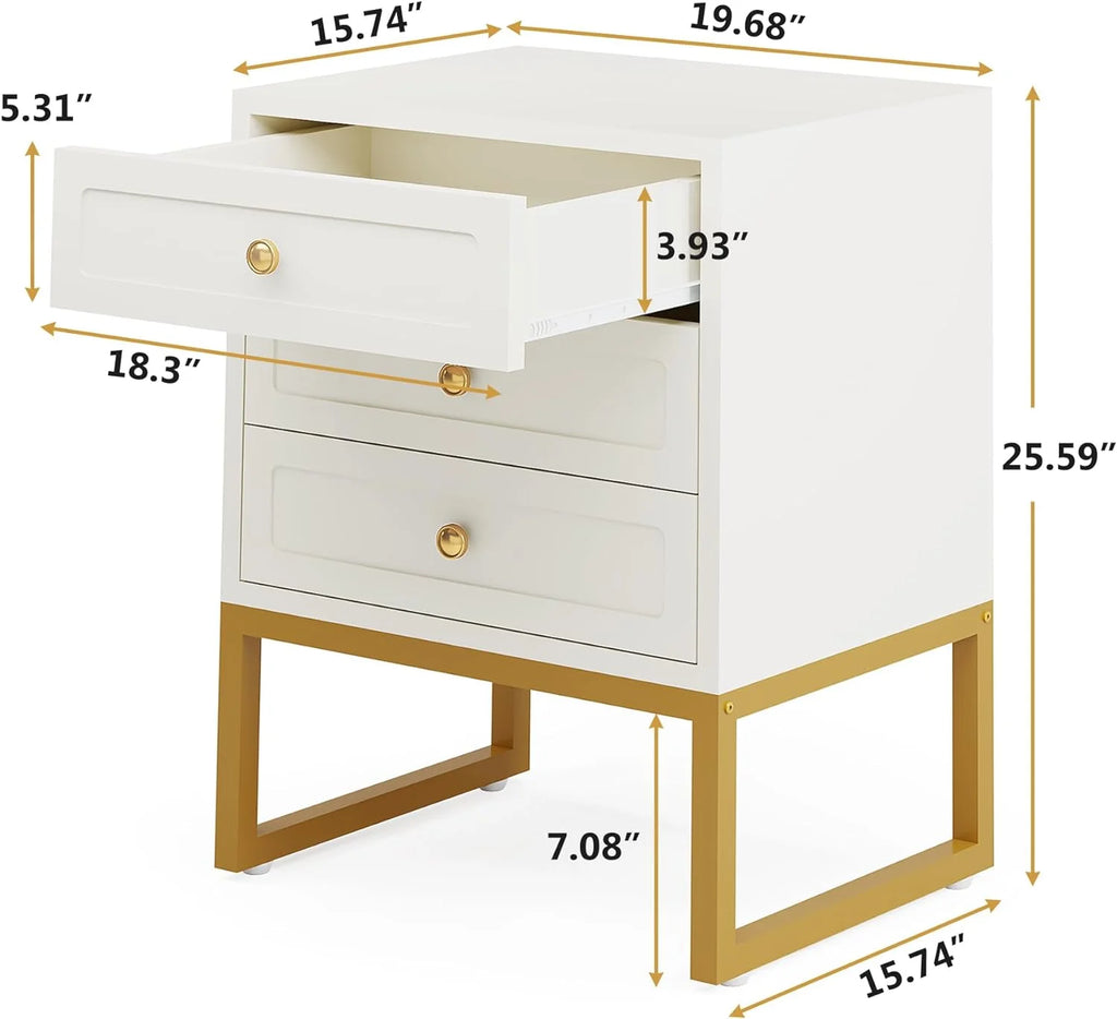 Modern 3 Drawer Wood Nightstand with Gold Metal Legs Y826
