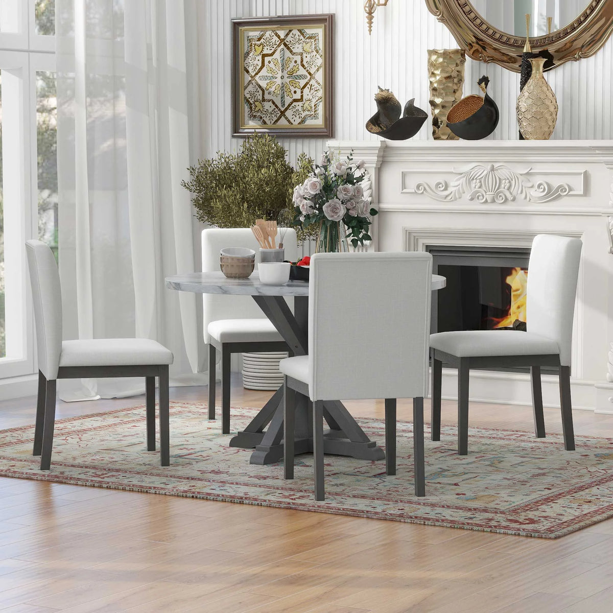 5 Piece Round Dining Table Set with Cushioned Chairs W29330