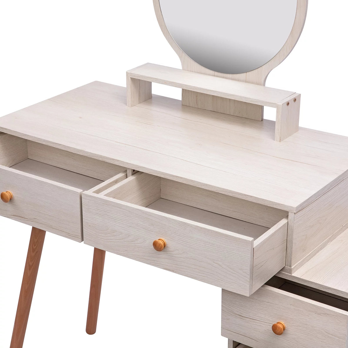 Makeup Vanity Table with Cushioned Stool, 5 Drawers, Round Mirror A224854