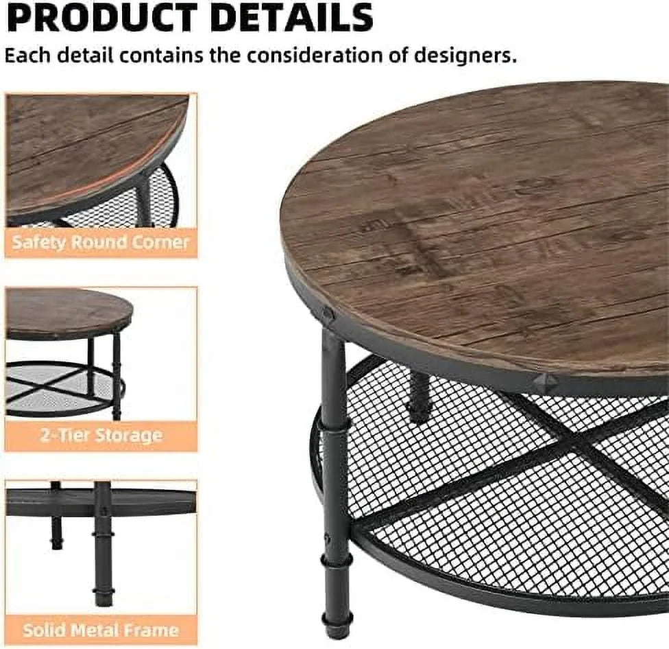 Small Round Coffee Table with Rustic Wood and Metal Legs C2876