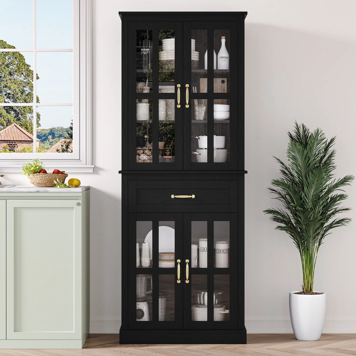 Black 71'' Wood Linen Cabinet with 4 Glass Doors Y5278
