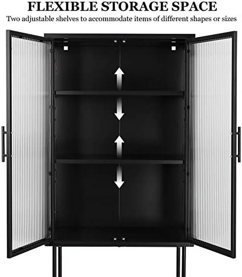 Tall Fluted Glass Door Cabinet with 2-Tier Adjustable Shelves Blue V7300